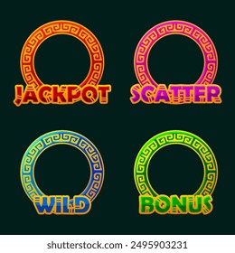 Golden Maya or Aztec circles game frames for slots Jackpot, Bonus, Wild and Scatter frames. UI objects