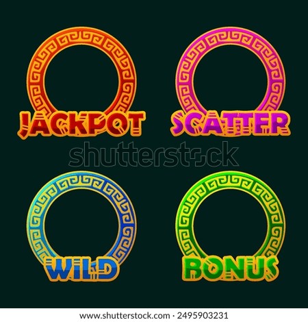 Golden Maya or Aztec circles game frames for slots Jackpot, Bonus, Wild and Scatter frames. UI objects