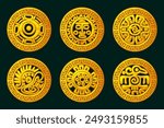 Golden Maya or Aztec symbols in ornament frame. Golden symbols for your 2D game or slot games