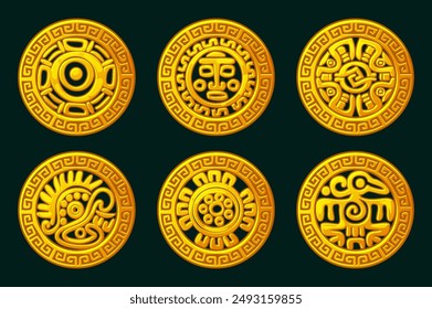 Símbolos mayas dorados o aztecas en marco de adorno. Símbolos dorados para su juego 2D o juegos de tragamonedas