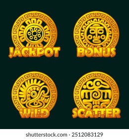 Golden Maya or Aztec symbols in ornament frame. Golden symbols Wild, Scatter, Bonus and Jackpot for your slots games