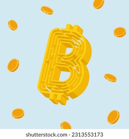 The golden maze Bitcoin sign 3 dimension with the golden coins.