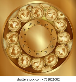 Golden mechanism of the zodiac signs on the gears under the glass, a realistic object.