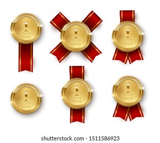 Golden medal 3d realistic vector illustrations set. Quality badge with red ribbon. Award medal with number one. Certified product symbol, reward. Winner s trophy with decorative olive branch