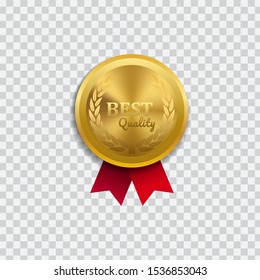Golden medal  badge with red ribbon, Vector Illustration.