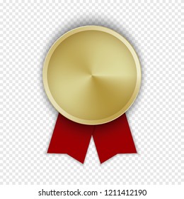 Golden medal or badge with strong style red ribbons. Isolated on transparent background. Realistic modern trendy style. Drop shadow. Gold metal shine. First place winner prize. 