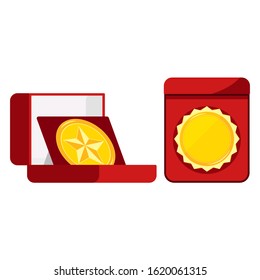 Golden medal blank set in open red velvet box top front view image isolated on white background. Vector flat design cartoon style illustration. Round shape icon leader sign mark of distinction. 