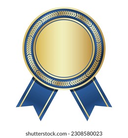 Golden medal with blue ribbon. Gold badge with blue ribbon. Blank gold medal. Champion and winner awards sports medal. Vector illustration