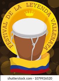 Golden medal with crown silhouette, caja vallenata drum and Colombian flag in the final night of the contests of the Vallenato Legend Festival (written in Spanish).