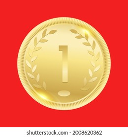 Golden medal for the first place. Champion winner award isolated on red background. Victory sign.