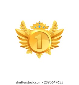 Golden medal first place, vector icon for game design, isolated on white background. Simple cartoon ui element, winner badge with number one and wings. Shining web button. Metal award and emblem.