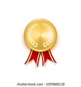 Golden medal. Gold badge red glossy ribbon. Vector illustration isolated on white background. Realistic design modern  laurel wreath premium quality template for web app greetings card minimalistic 