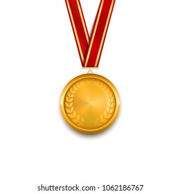 Golden medal. Gold badge red glossy ribbon. Vector illustration isolated on white background. Realistic design modern  laurel wreath premium quality template for web app greetings card minimalistic 