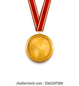 Golden medal. Gold badge red glossy ribbon. Vector illustration isolated on white background. Realistic design modern  world map premium quality template for web app greetings card minimalistic 