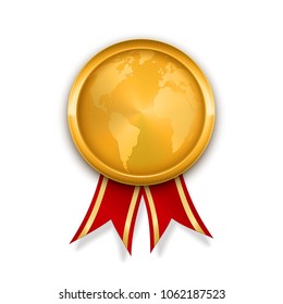 Golden medal. Gold badge red glossy ribbon. Vector illustration isolated on white background. Realistic design modern  world map premium quality template for web app greetings card minimalistic 