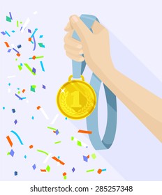 Golden medal in hand. Vector flat illustration