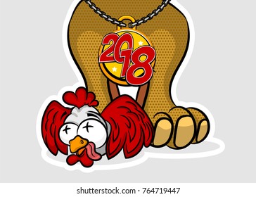 Golden medal holiday pop art label banner. Animal sticker. Shock design China holiday greeting horoscope. Cartoon character new year poster. 2018 dog crushed rooster funny vector illustration.