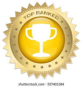 Golden medal or icon with award symbol. Top ranked seal. Glossy gold and black icon.