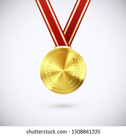 Golden medal with laurel hanging on red ribbon. Gold award symbol of victory and success. Vector illustration