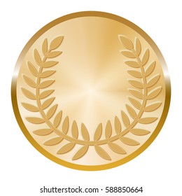 Golden medal with laurel wreath on white background.