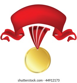Golden medal with red banner