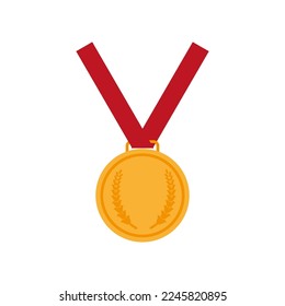 Golden medal red ribbon. Award prize, win award. Vector illustration.