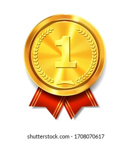 Golden medal with red ribbon. First place gold award. Champion and winner symbol vector realistic Illustration