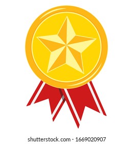 Golden medal with red ribbon isolated on white background. Gold certificate emblem with star. Icon  first place. Vector flat design cartoon style illustration.