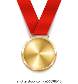 Golden medal with red ribbon. Vector illustration