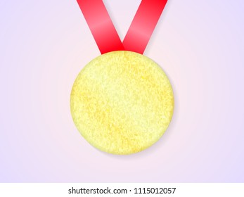 Golden medal with red ribbons. First place concept. Vector illustration