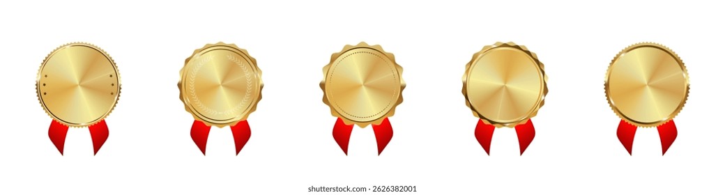 Golden medal with ribbon blank template vector set. Blank golden medals with ribbons