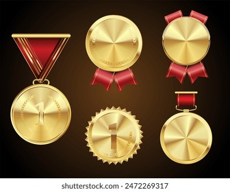 Golden medal set isolated on dark background vector illustration 