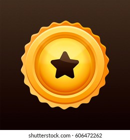 Golden medal with star on it. First place symbol. Star icon. Detailed medal for web.