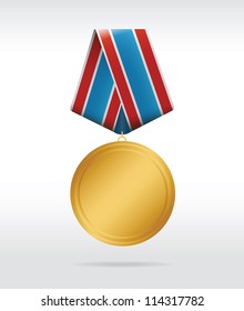 Golden medal with thee color ribbon. Vector illustration