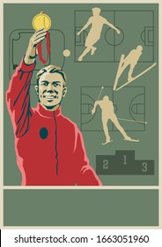 Golden Medal Winner, Champion Athlete Sport Propaganda Poster Template