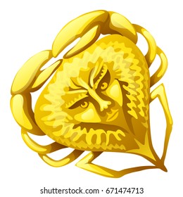 Golden medallion in the form of fancy crab with a human face isolated on a white background. Cartoon vector close-up illustration.