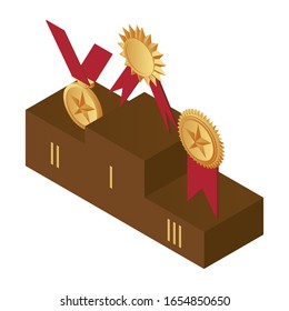 Golden medals on the podium, first, second and third place vector illustration. Prizes for the Champions, triumph isometric concept isolated on white background.