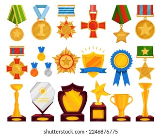 Golden Medals and Prizes as Trophy Symbol and Award for Winner Big Vector Set