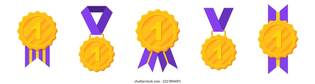 Golden medals with purple in a flat design. Vector illustration