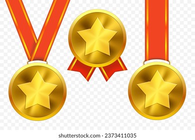 Golden medals with red ribbons. Template isolated on a transparent background. Stock vector mockup.