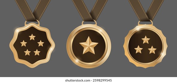 Golden medals set in different shape, award winning, prize, luxury golden label, tag, badge with fabric ribbons, championship reward. Vector Illustration.