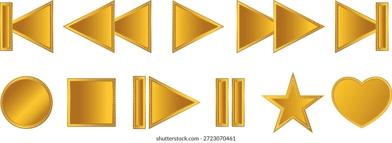 Golden media player interface icons, including navigation symbols like play, pause, rewind, fast forward, stop, record, and shapes.