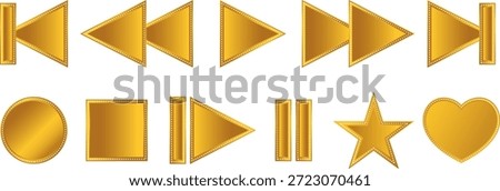 Golden media player interface icons, including navigation symbols like play, pause, rewind, fast forward, stop, record, and shapes.
