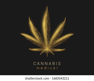 Golden medical cannabis. Marihuana leaf. Low poly style design. Abstract geometric background. Wireframe light connection structure. Modern 3d graphic concept. Isolated vector illustration.
