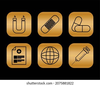 golden medical symbols on golden squares and black background