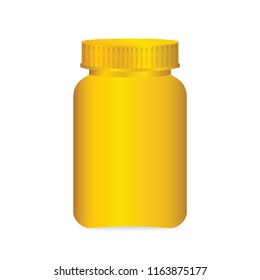 golden medicine bottle, bottle plastic gold packaging single blank for template design isolated white background, package bottle for packing pill, medicine, vitamin, drug tablet, supplement (vector)