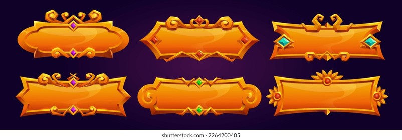 Golden medieval game asset button isolated. Cartoon vector badge ui fantasy design. Metal rectangle title bar, border set with gem png. Vintage royal label for rank in app. Blank horizontal text panel