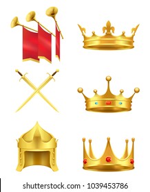 Golden medieval symbols 3d icons set. Gold crowns with gems, knight helmet, crossed shiny swords and trumpets with flags realistic vector isolated on white background