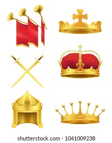 Golden medieval symbols 3d icons set. Gold crowns with gems, knight helmet, crossed shiny swords and trumpets with flags realistic vector isolated on white background