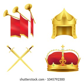 Golden medieval symbols 3d icons set. Gold crown with gems, knight helmet, crossed shiny swords and trumpets with flags realistic vector illustrations isolated on white background